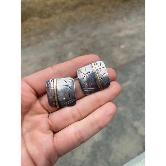 Vintage Metalphors Signed Modernist 10k Gold and Sterling Silver Earrings - Picture 2 of 5